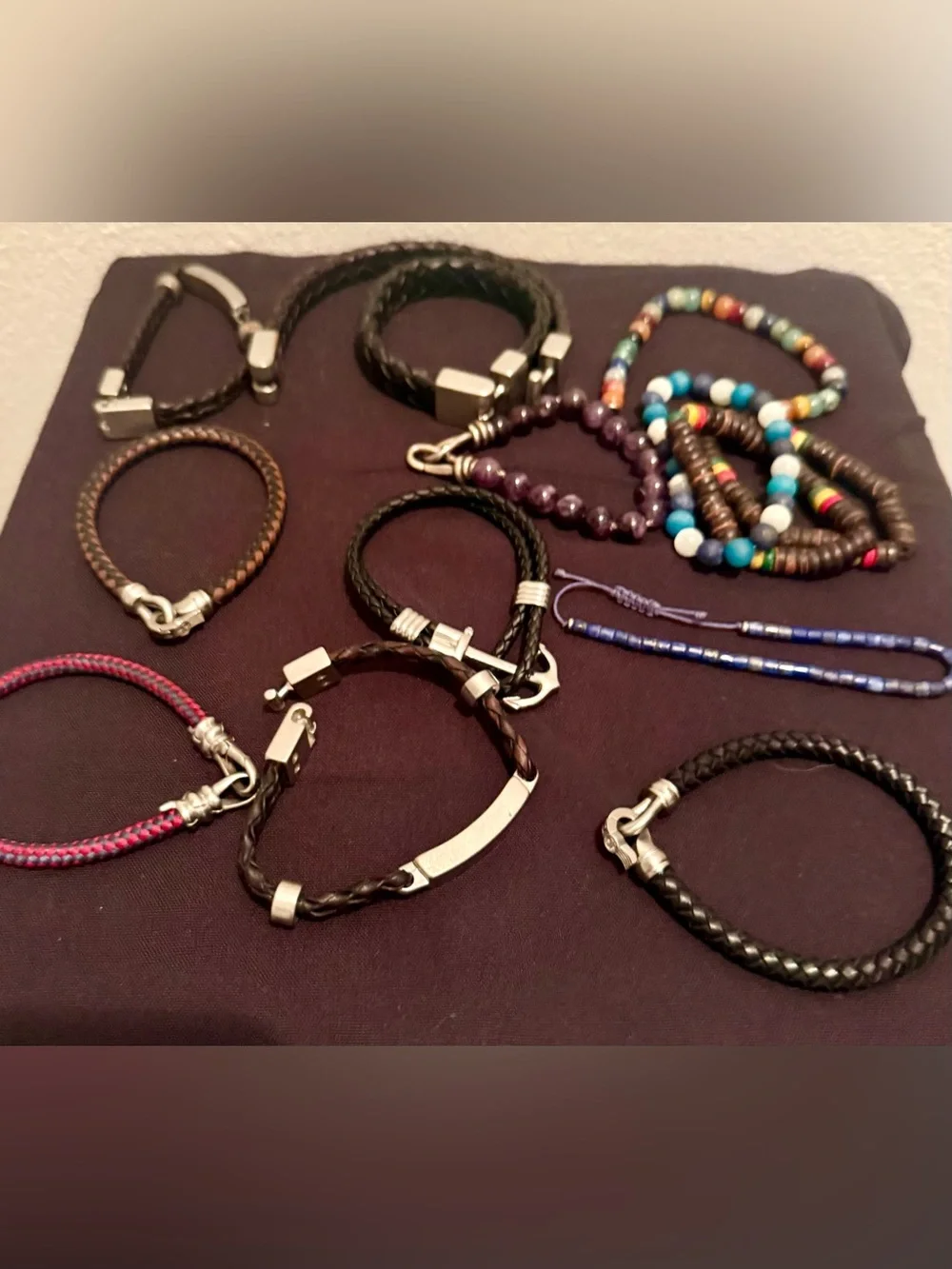 Lot of 14 leather & bead bracelets. Various
